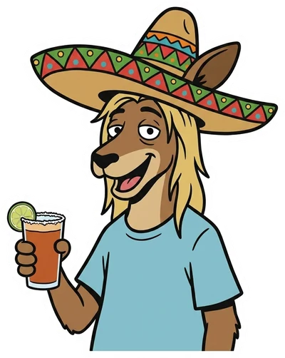 Skip in a sombrero holding a michelada, out of place but happy